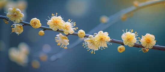 A delicate branch adorned with dainty little yellow Acaci flowers, captured in a close-up view.
