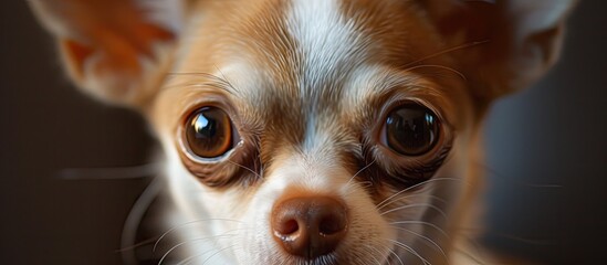 A small Chihuahua with white and brown fur looking directly at the camera with its big eyes. The...