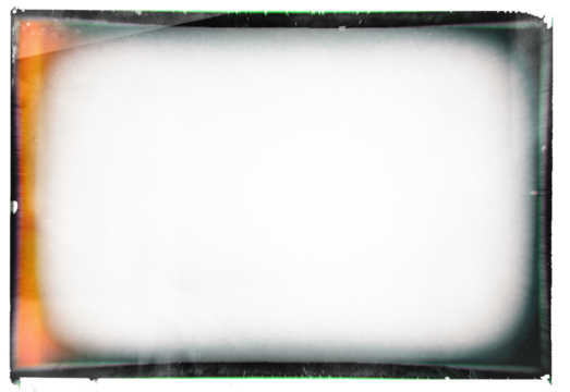 Artistic vintage wet plate photo frame template with vignetting, light leak and chromatic aberration on transparent background (png image). Useful for design, vintage film effects, and frames