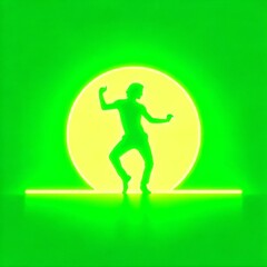 Fototapeta na wymiar Light green background with a light gradient in the center and the silhouette of a dancing man.