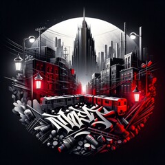 Stylized album cover for Russian rap music featuring a monochrome cityscape with red accents, graffiti lettering, and urban elements in a circular vignette composition.
