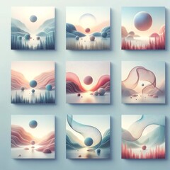 A calm and tranquil 3D design that captures the essence of relaxation music, with soft pastel backgrounds and a central image of a peaceful landscape or abstract shapes that evoke a sense of calm. - obrazy, fototapety, plakaty