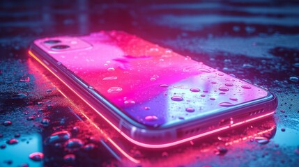 雨に濡れて光るスマートフォン,Generative AI AI画像