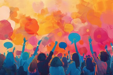 Colorful illustration of a group of people raising their hands and speech bubbles. - obrazy, fototapety, plakaty