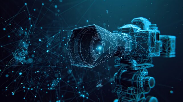 A polygonal movie camera with a video concept, depicted through vector cinema mesh spheres flying amidst debris. This thin line concept is illustrated in a blue structural style