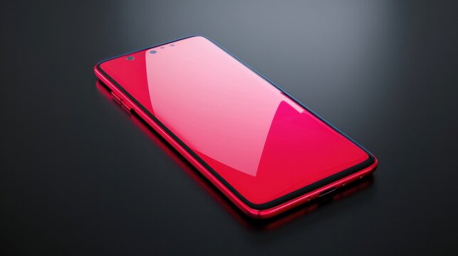 A 3D vector illustration depicting a realistic modern touch smartphone in red, set against a dark background, representing augmented reality. Suitable for infographics and design purposes