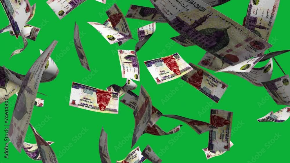 Poster 3D animation of Egyptian pound notes Falling On green screen. Money transition effect. Remove the background by keying or subtracting with the black and white matte to replace with a custom one