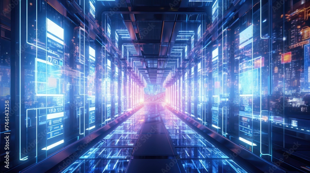 Poster data streams flow through a futuristic server room