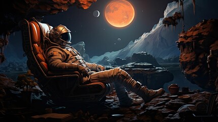 Astronaut relaxes in a chair on a moon, gazing at a distant planet - obrazy, fototapety, plakaty