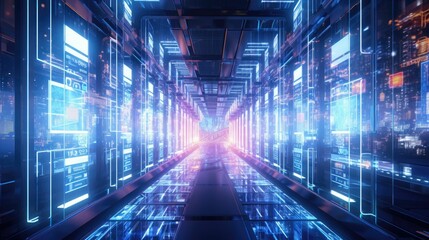 Data streams flow through a futuristic server room