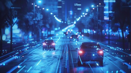 A blue-toned image depicts a smart car in autonomous mode on city roads, featuring a HUD and integrating IoT technology with graphic sensor radar signals and internet connectivity - obrazy, fototapety, plakaty