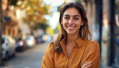 Young happy pretty smiling professional business woman, happy confident positive female entrepreneur standing outdoor on street arms crossed, looking at camera - obrazy, fototapety, plakaty