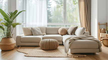 Obraz premium A cozy and inviting living room that offers a stunning forest view through large windows, bathed in natural light with comfortable textiles and earthy tones.
