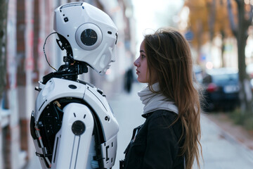 Incontro in una strada tra un robot umanoide e una donna - obrazy, fototapety, plakaty