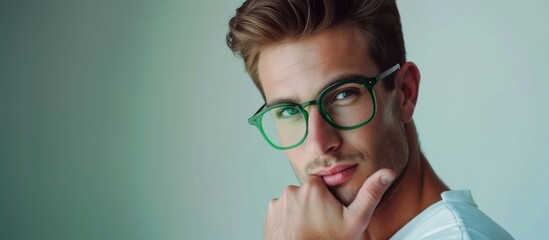 A portrait of a young handsome man with green glasses, and a hand on his chin against a light green background, with copy space  - obrazy, fototapety, plakaty