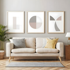 White sofa and posters, frames on gray wall. Interior design of modern living room. Created with generative AI