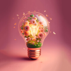 Glowing light bulb with flowers on a pink background. Creative concept 3d rendering