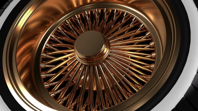 Looping Close Up View Gold Bronze Wire Wheel With Tire