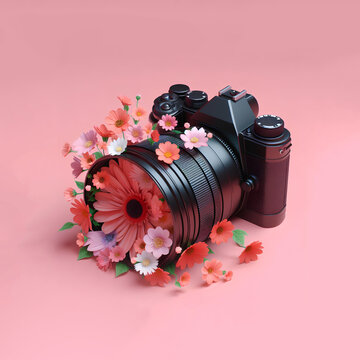 Digital camera with flowers on pink background. 3d rendering. Computer digital drawing.