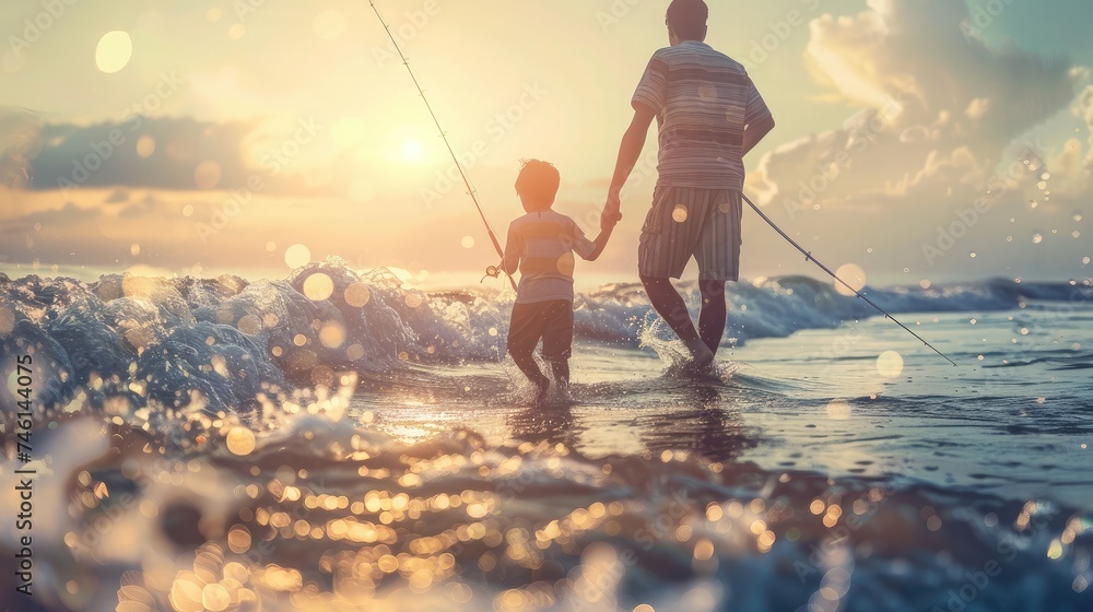 Wall mural Father and son fishing in ocean surf at sunset.