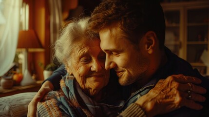 Obraz premium family, generation and people concept - happy smiling senior mother with adult son hugging at home