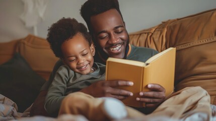 Father and son are reading a book and smiling while spending time together at home - obrazy, fototapety, plakaty