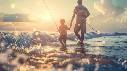 Father and son fishing in ocean surf at sunset. - obrazy, fototapety, plakaty