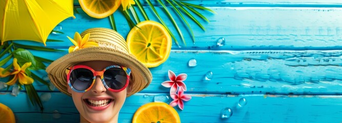 A stylish woman with a straw hat and trendy sunglasses enjoying the sunny weather, exuding a carefree and chic vibe. Room for copyspace - obrazy, fototapety, plakaty