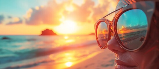 A stylish woman in sunglasses gazes serenely out at the vast expanse of the ocean, her face reflecting the calm beauty of the seascape .Copyspace available - obrazy, fototapety, plakaty