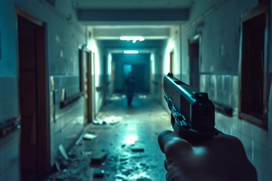 An AI generative image of gun positioned just behind a gun of man traversing a dark abandoned messy hospital hallway during apocalypse.