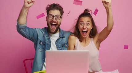 Overjoyed millennial man and woman triumph win online lottery on laptop. Happy excited young Caucasian couple feel euphoric with good email, get amazing sale offer or discount deal on computer