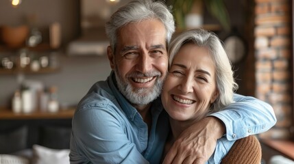 Portrait of grateful adult man hug smiling middle-aged mother show love and care, thankful happy grown-up son in embrace senior 70s mom, enjoy weekend family time at home together, bonding - obrazy, fototapety, plakaty