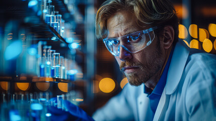 A scientist conducts research in a laboratory focused on analyzing blood samples or DNA tests