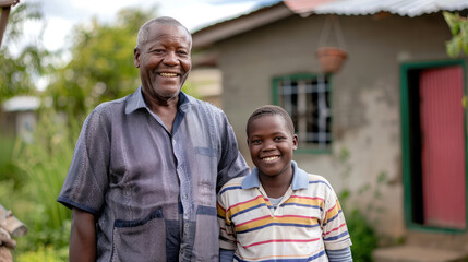 Smiling senior man standing with son in front of house