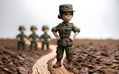 Personnage en pâte à modeler : Femme militaire en exercice - obrazy, fototapety, plakaty