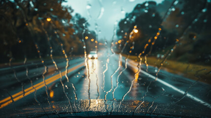 Rainy Drive: A World Refracted, a view though a car windshield on a rainy highway - obrazy, fototapety, plakaty