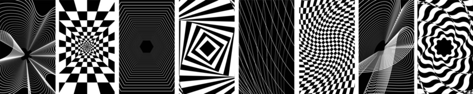Abstract rave psychedelic set in a trendy 2000s style. Black and white retro futuristic background, wireframe and perspective grids on white background EPS 10