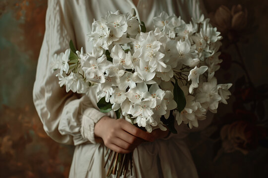 Young woman holding large bunch of white flowers
