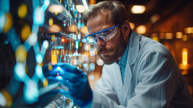 A scientist conducts research in a laboratory focused on analyzing blood samples or DNA tests