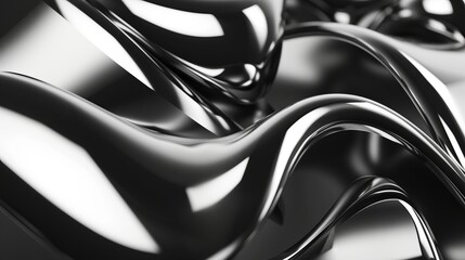 Shiny wavy fluid black and white chromatic waves background. Glossy metal surface in silver color....