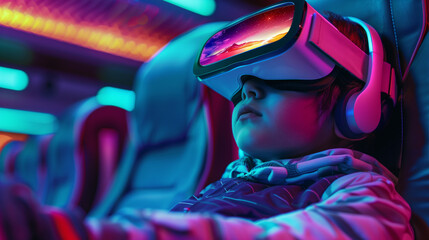 A young child engrossed in a VR experience, with vibrant lights reflecting off the headset. Boy in a modern cinema.