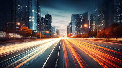 Fototapeta na wymiar Abstract speeding motion blurred city and light trails, 3D rendering