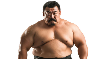 Portrait of an overweight muscular man, wrestling athlete, isolated on transparent background