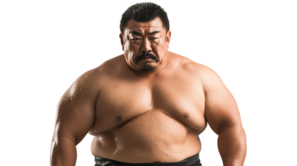 Portrait of an overweight muscular man, wrestling athlete, isolated on transparent background
