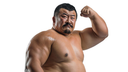 Portrait of an overweight muscular man, wrestling athlete, isolated on transparent background