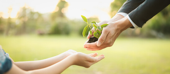 Panorama, businessman handing plant or sprout to young boy as eco company committed to corporate...