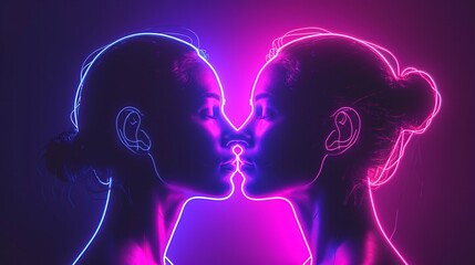 Futuristic AI female robotic connection in vibrant neon. Intimate 3D rendered human heads on a gradient backdrop. A virtual reality couple. Glowing light woman head models look at each other.