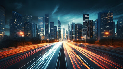 Abstract speeding motion blurred city and light trails, 3D rendering