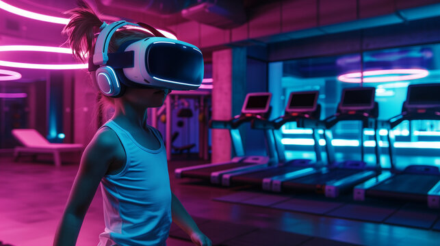 A young girl immersed in a virtual reality experience while wearing a headset in a gym setting. Neon colors, banner, copy space. Modern gymnasium concept, sport among children.