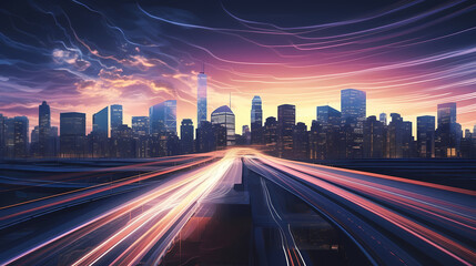 Fototapeta premium Abstract speeding motion blurred city and light trails, 3D rendering